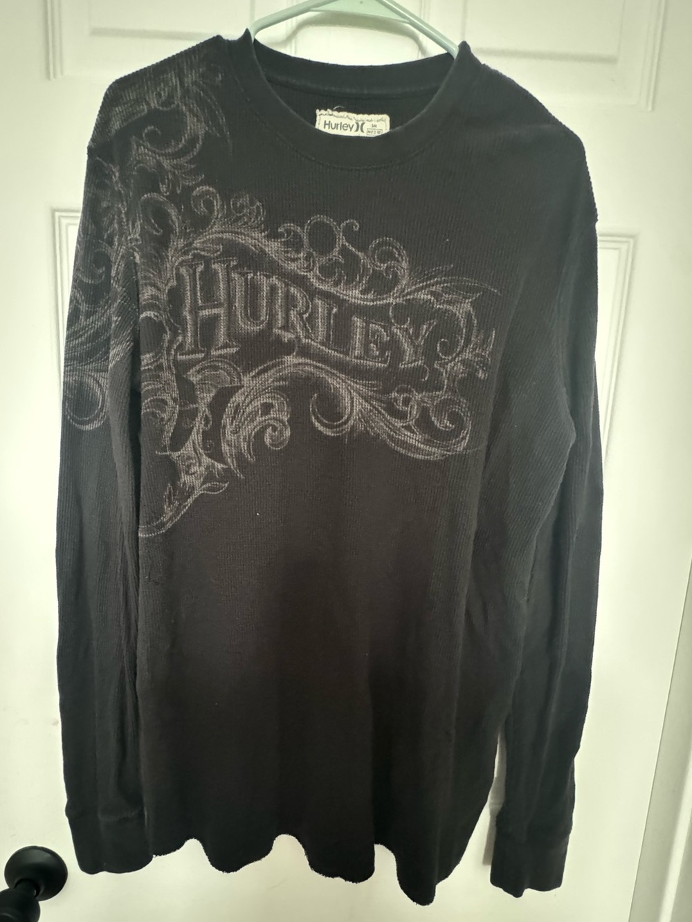 Hurley Black Long Sleeve Waffle Knit Shirt with Chest Scroll Graphic